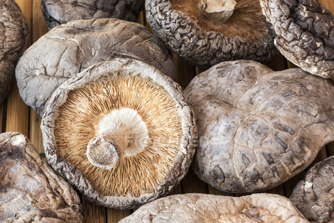 Dried shiitake mushrooms on bamboo mat — Stock Photo