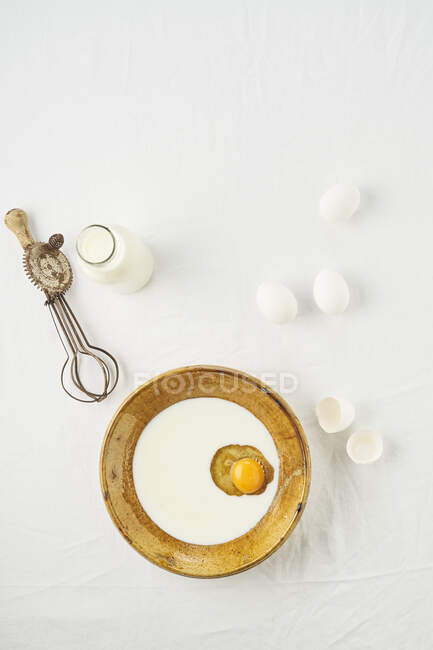 Uova crude e ingredienti per la colazione su sfondo bianco — Foto stock