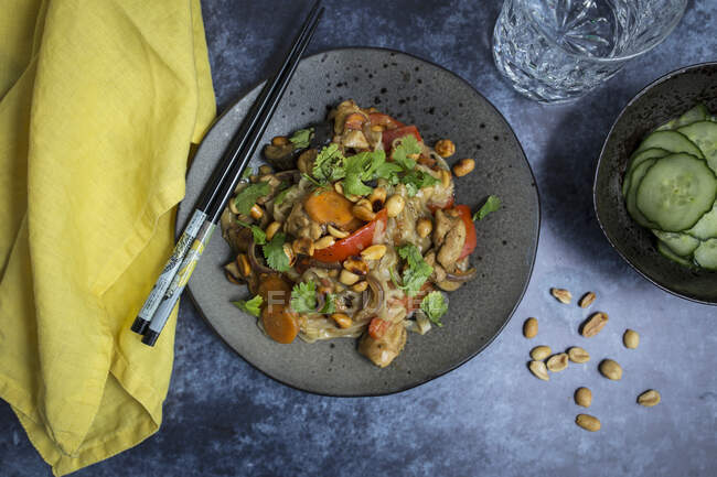 Chicken curry with rice noodles and peanuts — Stock Photo
