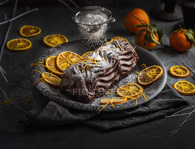 Chocolate log with hints of orange orange peel with icing sugar dusting — Stock Photo