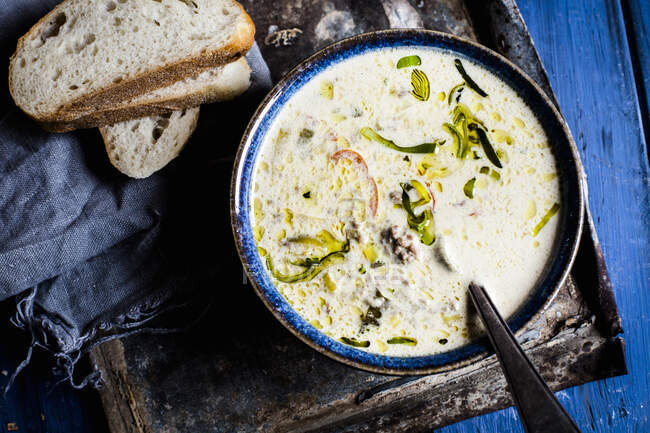 Cheese and leek soup with minced meat — Stock Photo