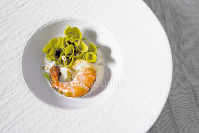 Trout ravioli with a tiger prawn and Beurre Blanc — Stock Photo