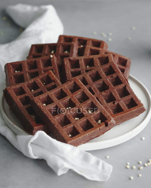 Waffles de chocolate em um prato branco — Fotografia de Stock