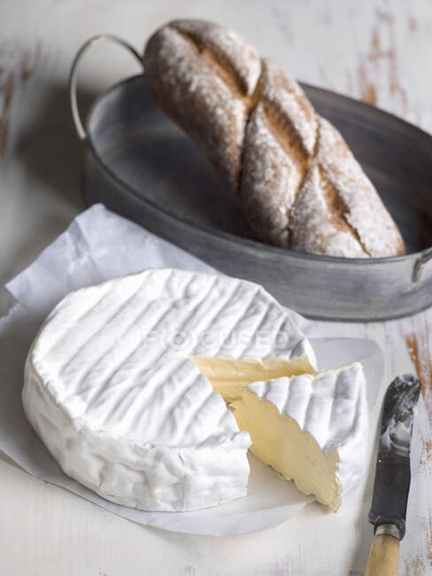 Close-up shot of delicious Camembert with bread — Stock Photo