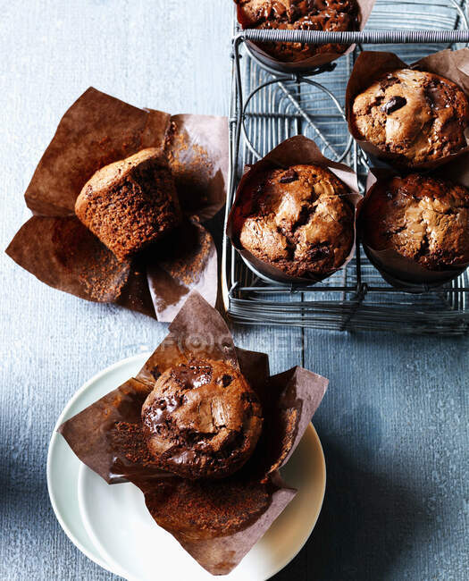 Double chocolate muffins with chocolate chips — Fotografia de Stock