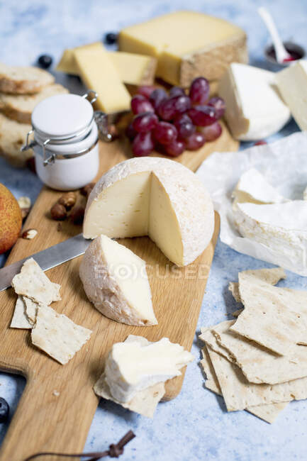 Various Processed Cheeses on Board and table — Stock Photo