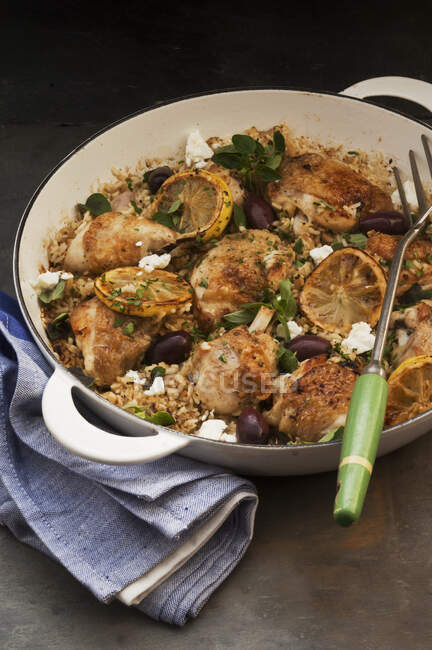 Greek chicken with lemon and rice — Stock Photo