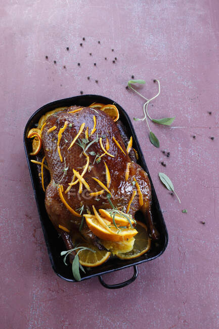 Roasted duck with oranges — Stock Photo