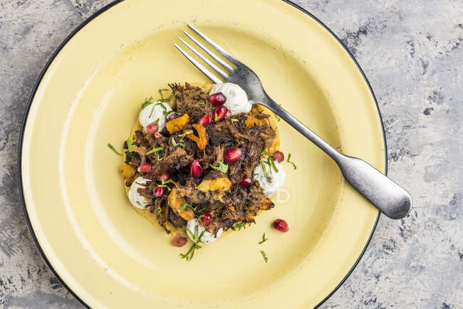Close-up shot of delicious Hot lamb with pomegranate seeds — Stock Photo