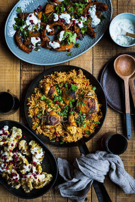 A Meal of Spanish Inspired Chicken cooked with Rice, Cauliflower and Roasted Butternut — Stock Photo