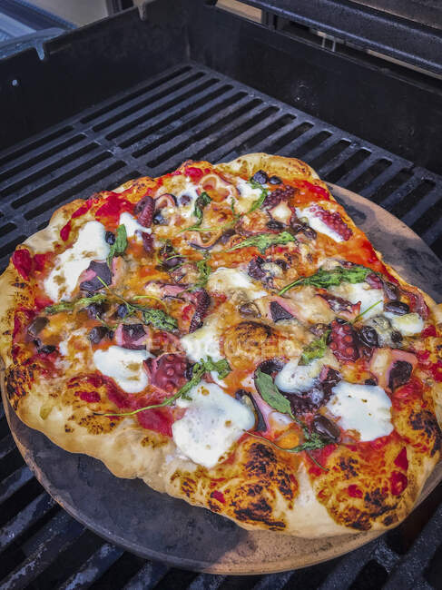 Close-up shot of delicious grilled seafood pizza — Stock Photo