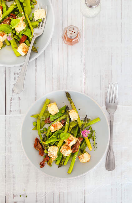 Asparagus salad peas flat beans thyme chives sun-dried tomatoes and paprika feta — Fotografia de Stock