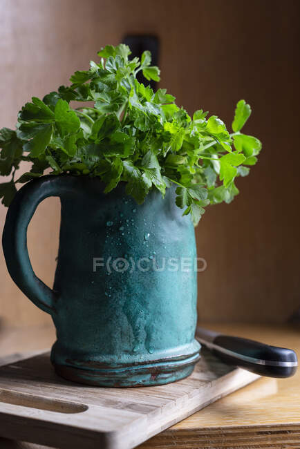 Fresh parsley in a vintage measuring jug — Stock Photo