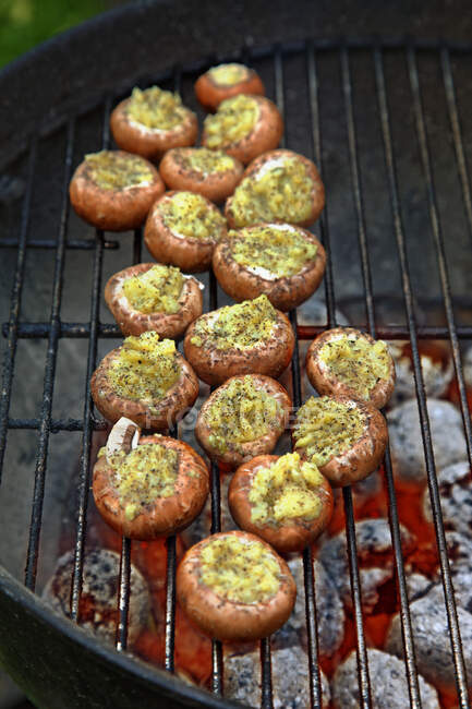 Mushrooms with potato and pesto filling on grill rack — Stock Photo