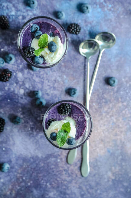 Blackberry and blueberry smoothie with cream ice cream and fresh mint — Stock Photo