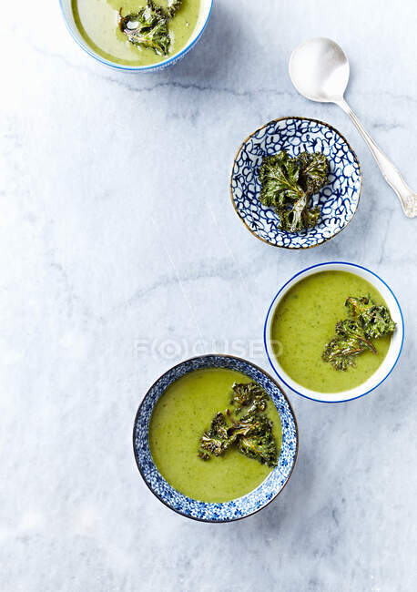 Cream of vegan Kale-Broccoli Soup with Kale Chips. Seen from above — Stock Photo
