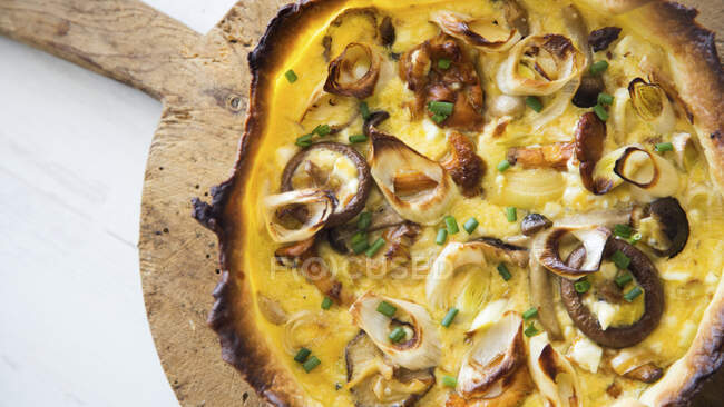 Quiche with cheese, mushrooms and leek — Stock Photo