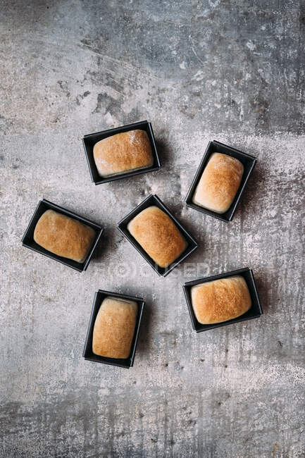 Mini panes blancos en latas de metal - foto de stock