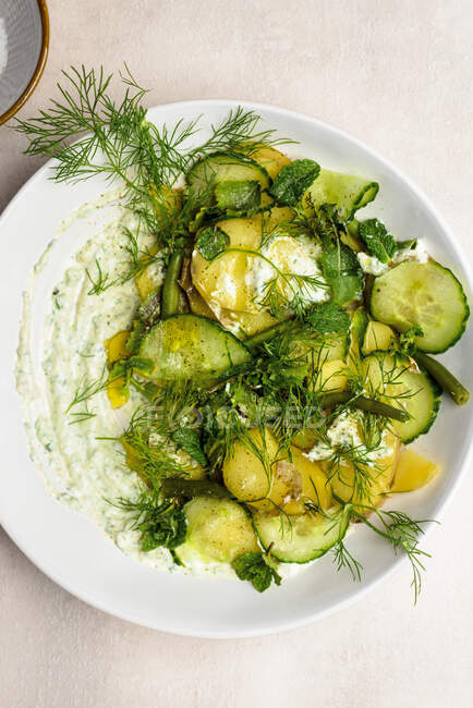 Картофельный салат с огурцом, укропом и кварком — стоковое фото