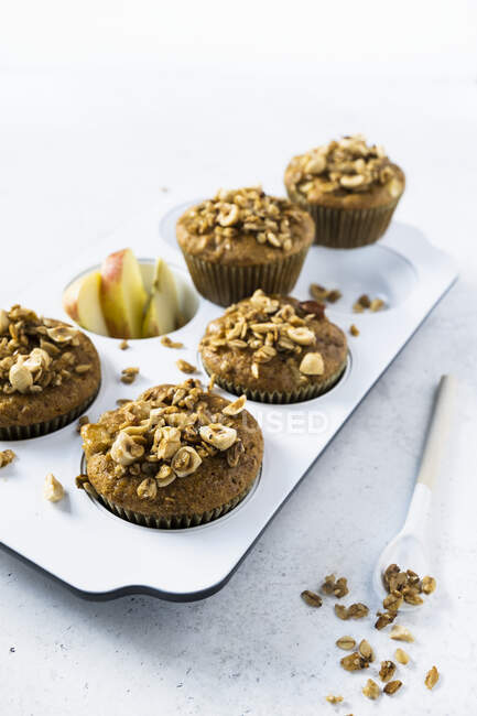 Apple hazelnut muffins sweetened with honey and tagatose — Stock Photo