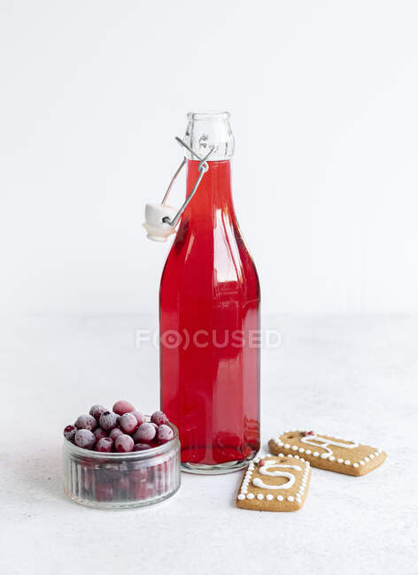 Christmas composition with red wine and a glass of milk and a bottle of champagne on a white background — Stock Photo