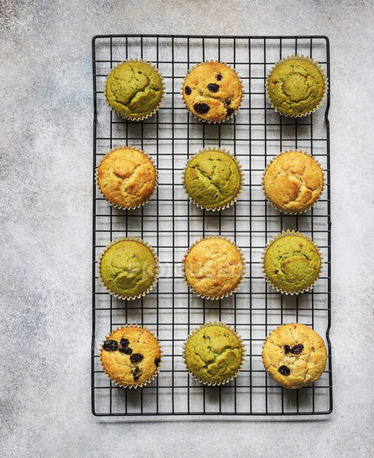 Muffins with matcha, blood orange and raisins — Stock Photo