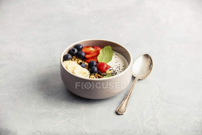 Ciotola di frullato con granola, bacche fresche, banana, yogurt, semi di chia e foglie di menta — Foto stock