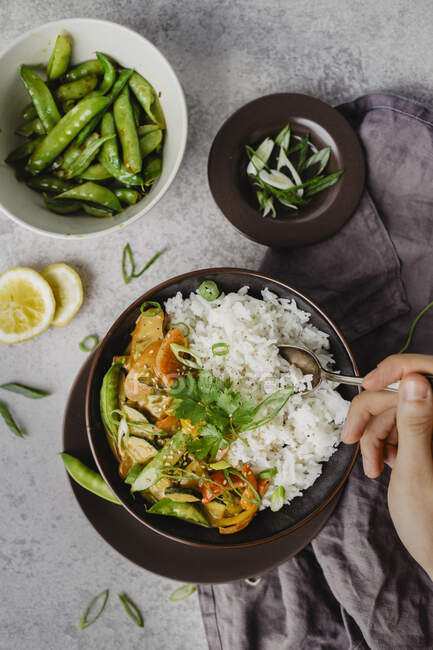 Thai-Curry mit Räucherfilet und Reis — Stockfoto