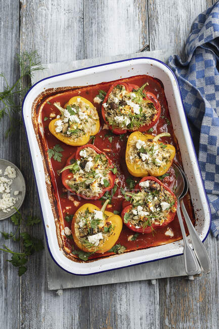 Peppers stuffed with rice, feta, mushrooms, dill and parsley in tomato sauce with feta cheese — Stock Photo
