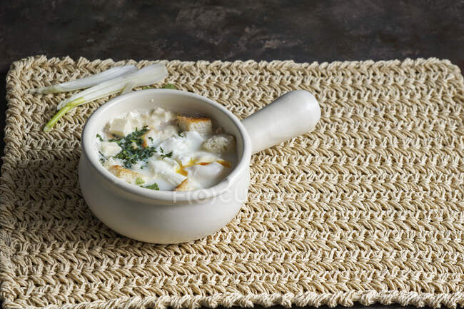 Changua, Columbian egg and milk Soup, typical soup for breakfast in Bogota — Stock Photo