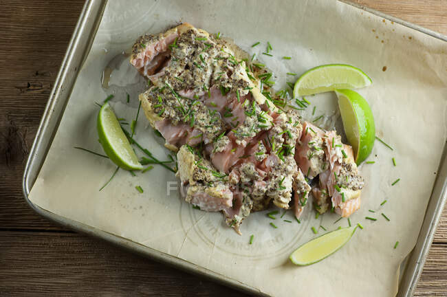 Roasted salmon with mustard and lime — Stock Photo