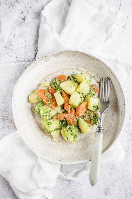 Veganer Kartoffelsalat mit fermentierter Karotte und Rucola-Pesto — Stockfoto