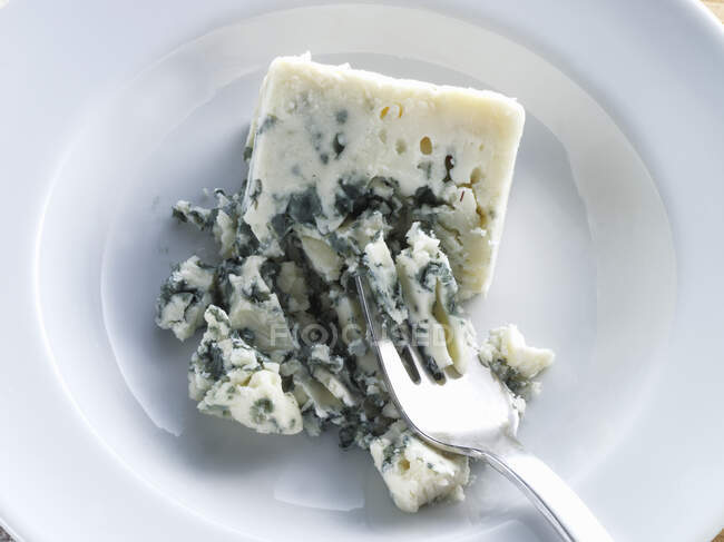 Roquefort cheese mashed with fork in plate — Stock Photo