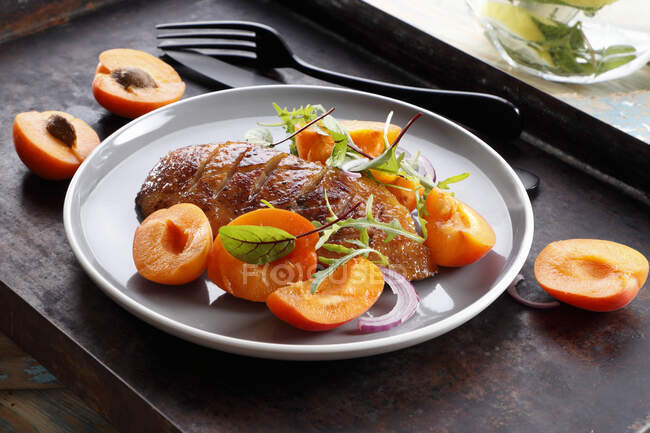 Duck breast roasted in honey marinade with apricots — Stock Photo