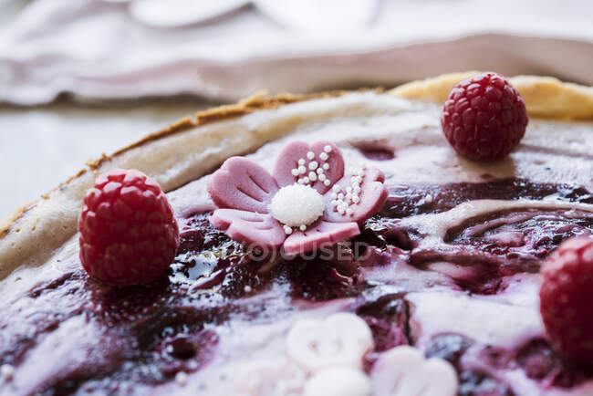 Vegan poppyseed cheesecake with berries and marzipan flowers — Stock Photo