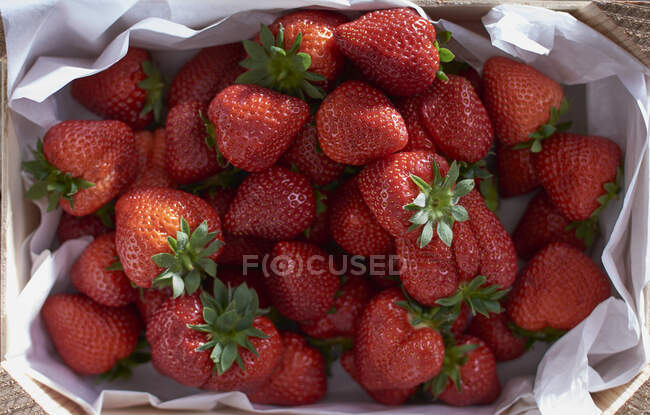 Fresh strawberries with paper in wooden crate — Stock Photo