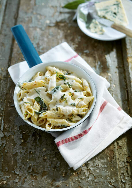 Penne with gorgonzola sauce and sage — Stock Photo