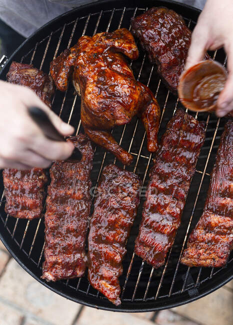 Beef bbq ribs and chicken with bbq sauce — Photo de stock