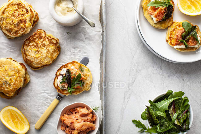 Salmon corn fritters, top view — Stock Photo