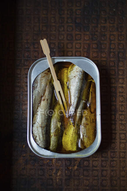 Sardines dans une boîte avec une fourchette en bois — Photo de stock