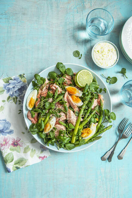 Салат из лосося и водяного кресса со спаржей и яйцами — стоковое фото