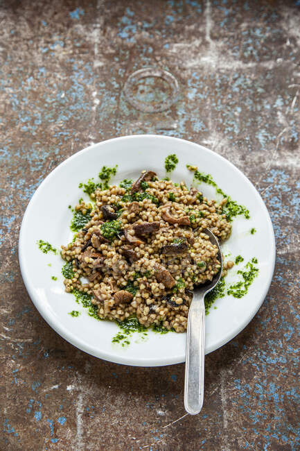 Buckwheat risotto with dried wild mushrooms and parsley oil — Stock Photo