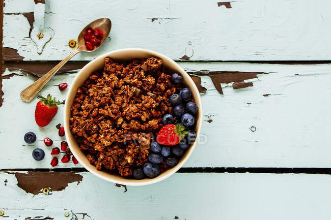 Chocolate granola bowl with fruit and berry — Fotografia de Stock