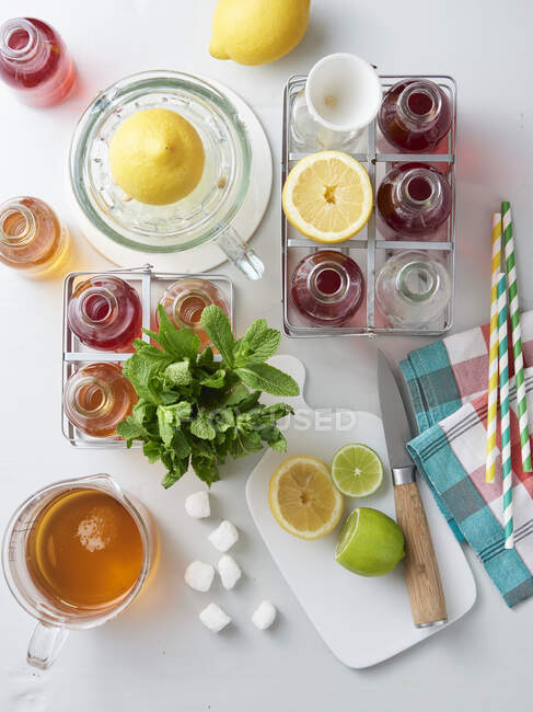 Thé glacé classique et thé glacé aux fruits avec ingrédients — Photo de stock