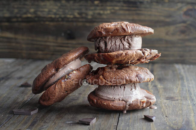 Melting chocolate ice cream cookie sandwiche — Stock Photo