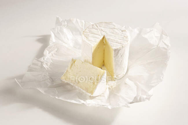 Formaggio morbido francese con stampo bianco in carta da imballo — Foto stock