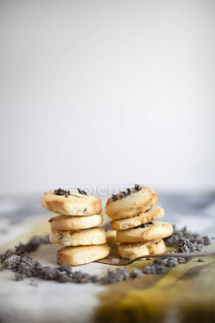 Sable cookies with lavender flowers, close up shot — Stock Photo