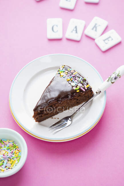 Una rebanada de pastel loco (pastel de chocolate con chispas de colores) - foto de stock