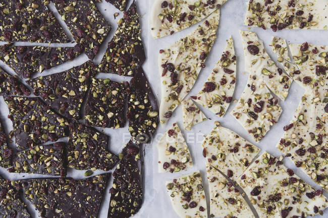 Dark and white chocolate bark with cranberries and pistachios — Stock Photo