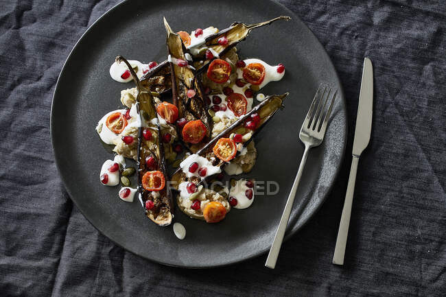 Roasted aubergines, baba ganoush, dried tomatoes, toasted pumpkin seeds, buttermilk sauce and pomegranate — Stock Photo